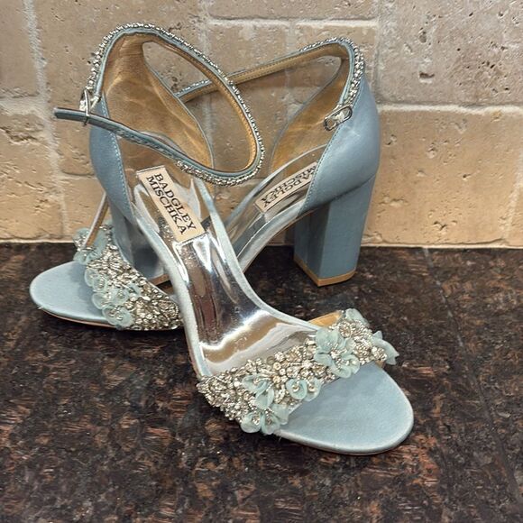 Badgley Mischka Clara embellished strap block heel blue satin heel Size 6 $235 - Picture 10 of 11